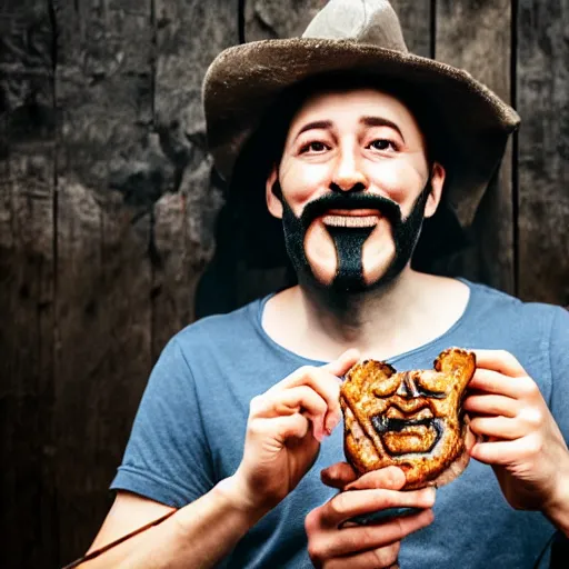 Image similar to man with guy fawkes mask eating pork - chop