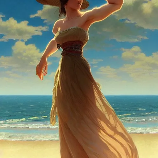 Image similar to A beautiful woman wearing a sundress on the beach, D&D, fantasy, intricate, elegant, highly detailed, digital painting, artstation, concept art, matte, sharp focus, illustration, art by Artgerm and Greg Rutkowski and Alphonse Mucha