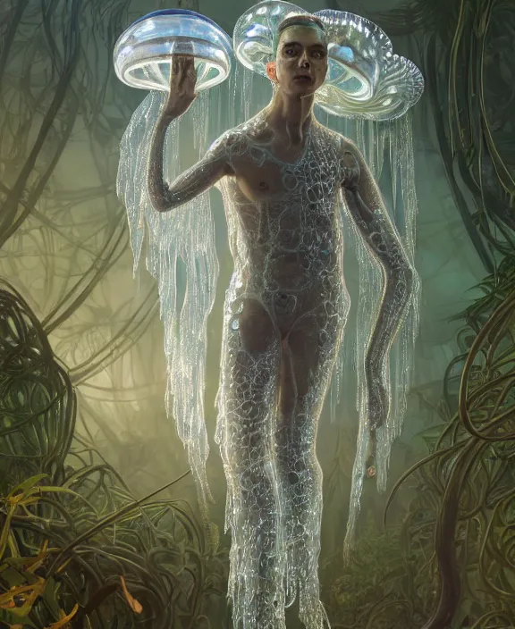 Image similar to opulent transparent clear see - through portrait of a terrifying beautiful male alien jellyfish robot, mottled coloring, adorable, childlike, overgrown biopunk jungle environment, ultra realistic, concept art, art nouveau, photorealistic, octane render, 8 k, unreal engine. art by christopher marley and artgerm and greg rutkowski and alphonse mucha