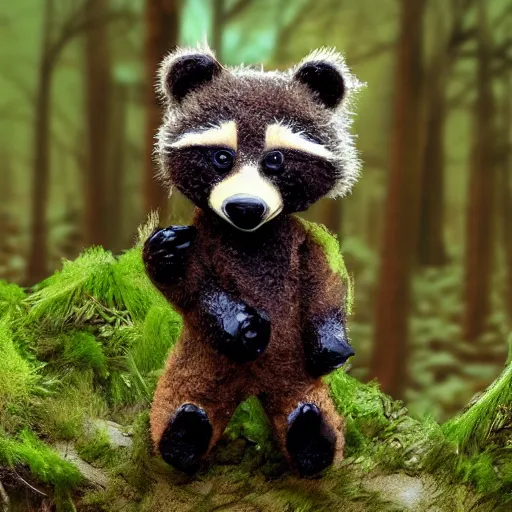 Image similar to raccoon teddy bear in a mossy forest