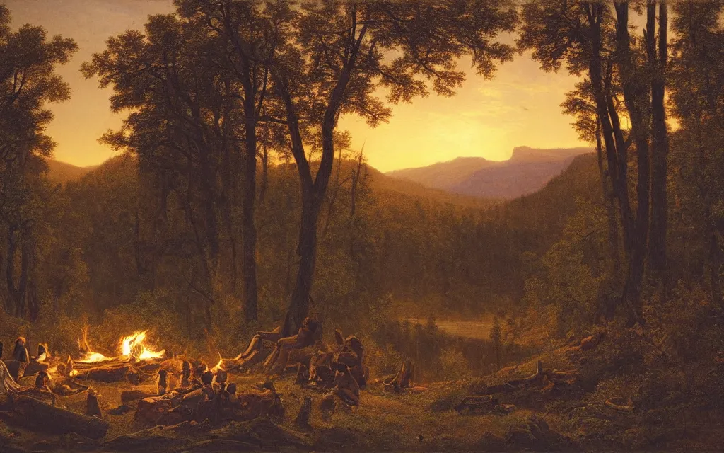 Prompt: campfire on the edge of a forest overlooking a beautiful valley at dusk, cinematic lighting, intricate ink illustration, by albert bierstadt