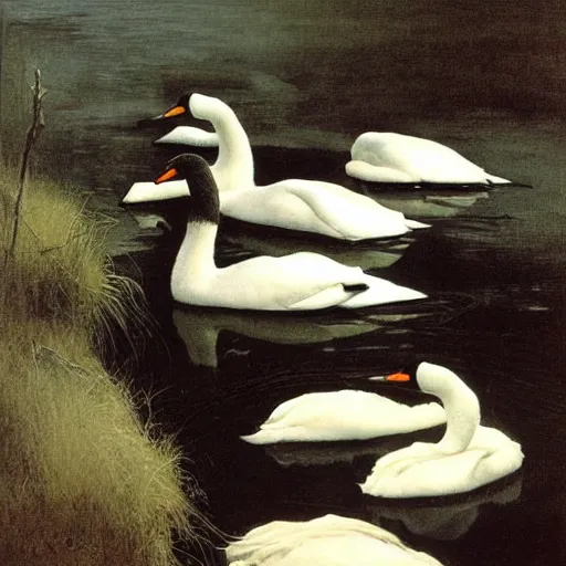 Prompt: black swans all mixed together in the dark waters. immersive perspective, interesting composition. concept art. highly detailed. by andrew wyeth, john dollman and william bouguereau-W 1024