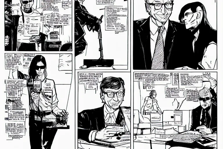 Image similar to bill gates doing a presentation, a page from cyberpunk 2 0 2 0, style of paolo parente, style of mike jackson, adam smasher, johnny silverhand, 1 9 9 0 s comic book style, white background, ink drawing, black and white