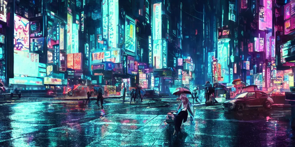 Prompt: a film still from ghost in the shell by james paick - a busy cyberpunk city street with neon signage and holograms, vibrant, 5 0 mm lens, video game environment design, behance hd, evening, dramatic lighting, rainy and misty, cinematic, global illumination, deviant art, trending on artstation, bloom