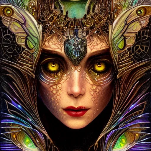 Image similar to beautiful closeup portrait of an art deco fairy queen, glowing eyes. reflective detailed textures, moth wings, highly detailed dark fantasy science fiction painting by donato giancola and peter mohrbacher and diego rivera, elaborate geometric ornament, ancient runes, silver and cool colors. artstation