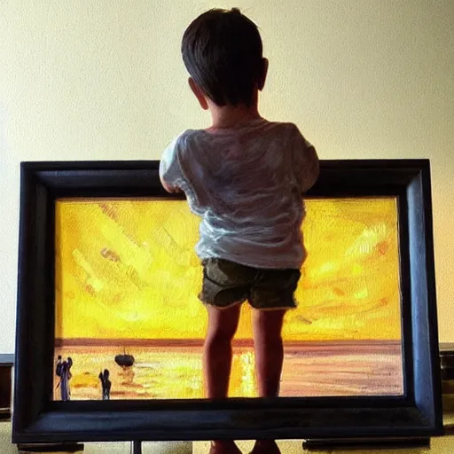 Image similar to “little boy happy golden hour oil panting”