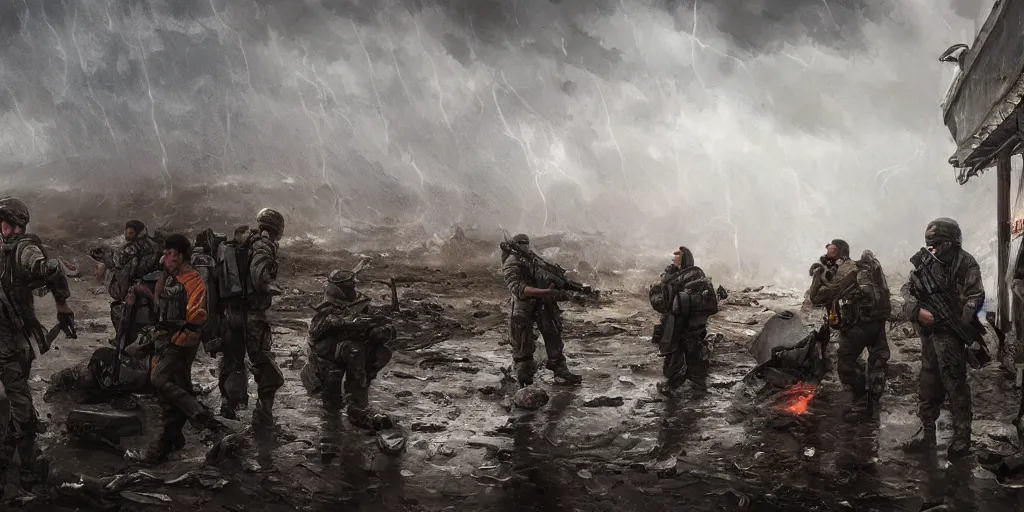 Prompt: private military company operatives standing guarding highway checkpoint being attacked by climate migrants, severe weather storms, cinematic lighting, realistic, detailed, intricate, digital art, ambient, by darek zabrocki, industrial art style, 3 5 mm film grain, artstation