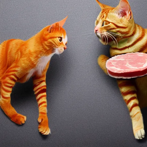 Prompt: orange tabby cat fighting an anthropomorphic bacon strip, anthropomorphic bipedal bacon strip fighting tabby, realistic