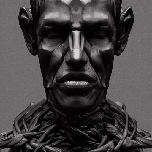 Image similar to a sculpture portrait of a man. black iron. black background. cast iron. gothic baroque. expressive eyes. symmetry. epic. ominous shapes. hyper detailed. lighting from the bottom, sharp shadows. photoreal. octane render. trending on artstation