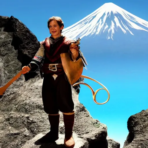 Image similar to Selfie photo of a halfling bard with volcano behind him