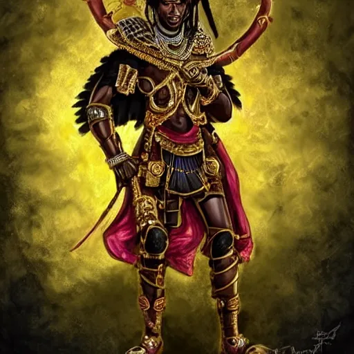 Image similar to a young black boy dressed like an african moorish warrior in gold armor and a crown with a ruby, posing with a very ornate glowing electric spear!!!!, elden ring character digital illustration portrait design, by android jones in a psychedelic fantasy style, dramatic lighting, hero pose, wide angle dynamic portrait