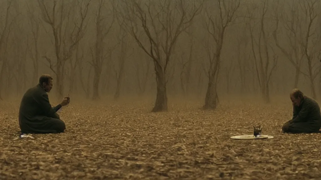 Prompt: the insect eats dinner with us, film still from the movie directed by Denis Villeneuve with art direction by Zdzisław Beksiński, wide lens