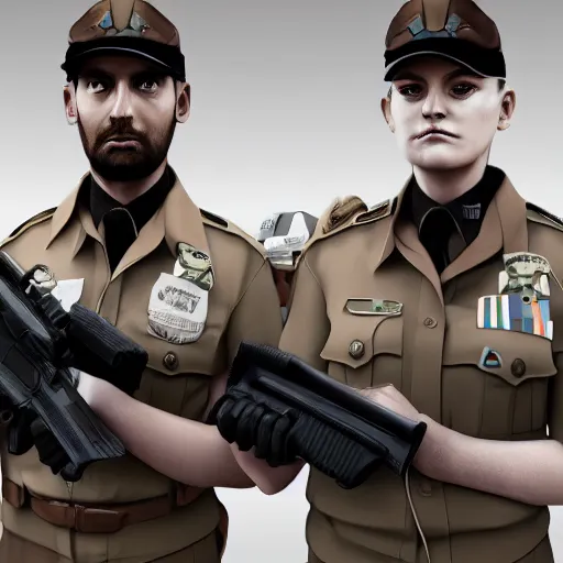 Prompt: ( ( beige ) ) uniform and caps zombie security officers trending on artstation very high detail 4 k 8 k hd