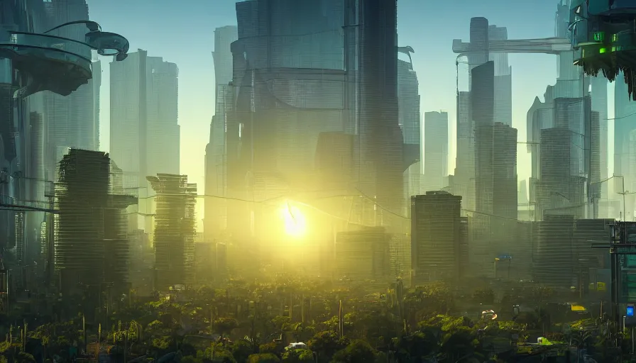 Prompt: wide view of green cyberpunk los angeles, sunrise light, sun between buildings, glass domes, glass buildings, robots, hyperdetailed, artstation, cgsociety, 8 k