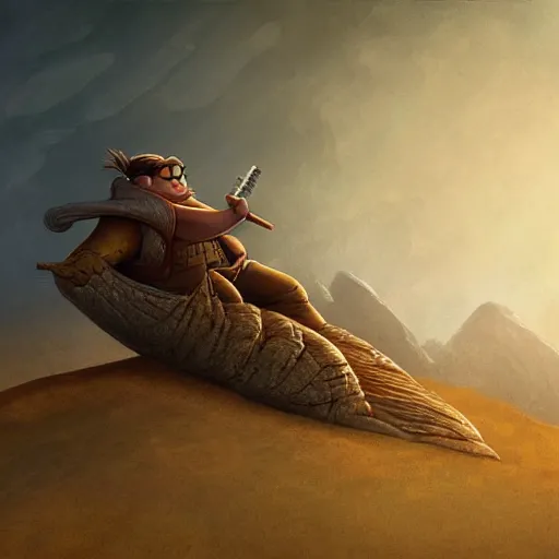 Image similar to ( peter griffin ) riding on the back of a worm from ( dune ), fantasy art, landscape art, in the style of greg rutkowski, illustration, epic