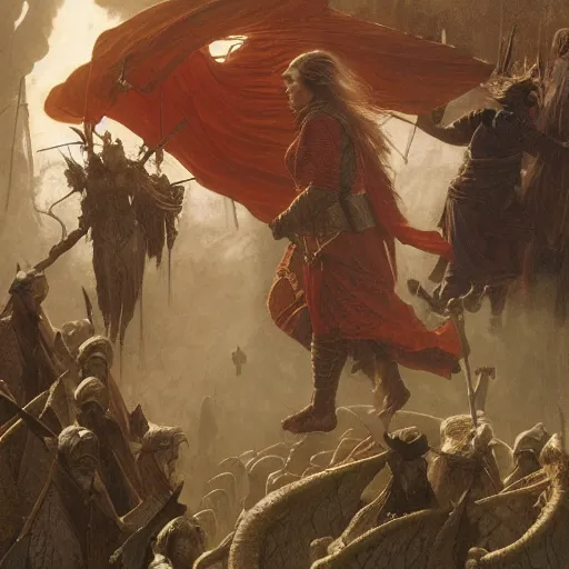 Image similar to Scene from The Northman (2022) featuring valkyries, drawn by Donato Giancola and Tom Bagshaw, Edmund Leighton, Alphonse Mucha, 4k, volumetric lighting, komorebi, intense battle scene award winning, octane render, hyperrealistic