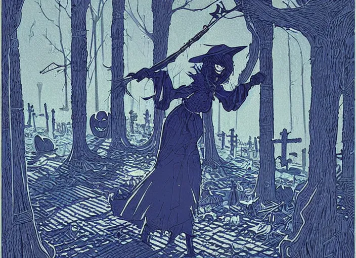 Image similar to blue woodcut print, cartoon halloween witch in graveyard at midnight by greg rutkowski, fine details, highly detailed