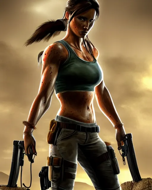 Image similar to portrait of lara croft, focus on her neck, looks thirsty, sweat and heat, muscular sweat