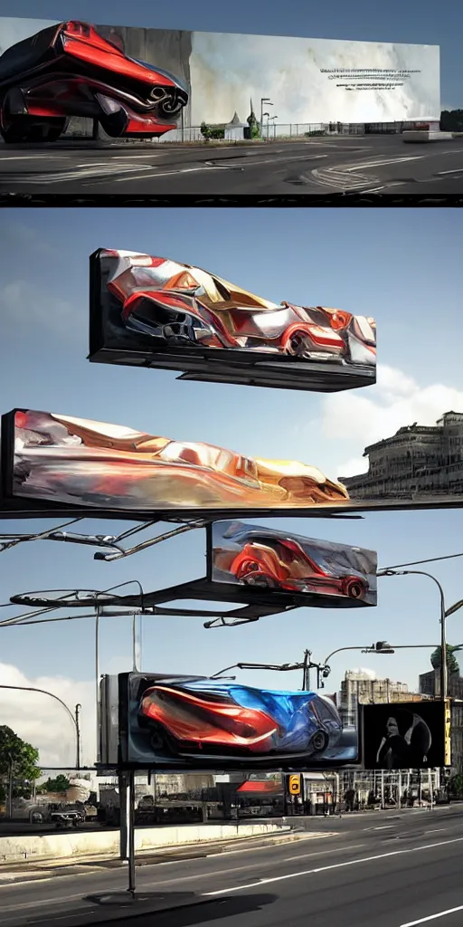 Prompt: sci-fi 3d organic unusual composition car and wall structure car, in the coronation of napoleon painting, and digital billboard in the middle. octane render pinterest, keyshot product render, water reflections gloss shiny in luquid