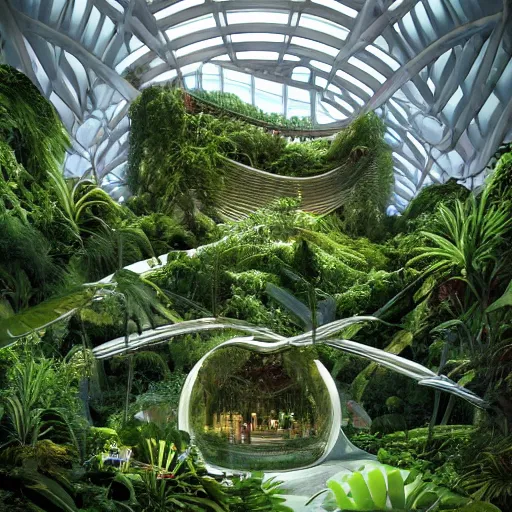 Prompt: stunning indoor jungle inside epic high technology biodome designed by zaha hadid, ultra detailed, highest quality, trending on artstation, award - winning design, 8 k