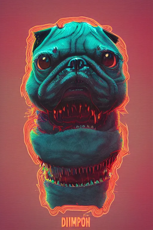 Image similar to demon pug eating flesh. art by mike winkelmann, sticker, illustration, highly detailed,