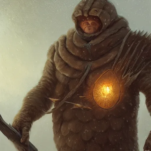 Prompt: anthropomorphic turtle humanoid with large shell, greg rutkowski, barbarian, tim hildebrandt, winter, ice, snow, fur jacket, battlehammer, wayne barlowe, tall, menacing, pointy shell, spike shell, fantasy