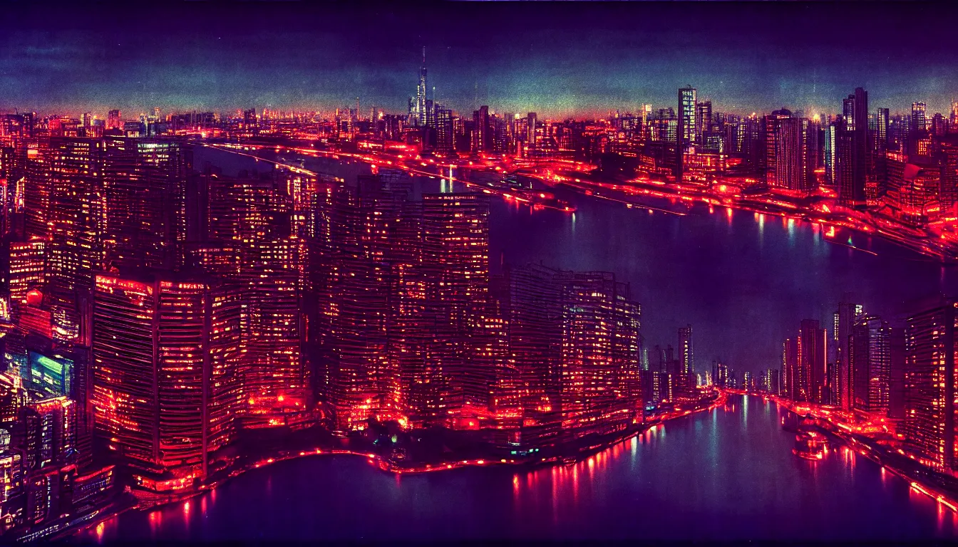 Prompt: 80s asian neon movie still with a panorama of a river at night with city lights in the background. Fallen angels movie still. hyperrealistic, high definition, medium format photography, highly detailed, tehnicolor, anamorphic 50mm lens