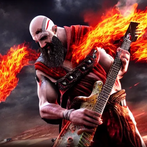 prompthunt: kratos shredding on a flaming stratocaster guitar