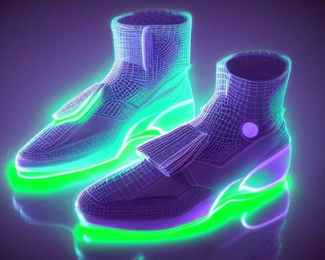 Image similar to A 3D concept desing of futuristic nike sneakers with neon lights from below, unreal engine 5