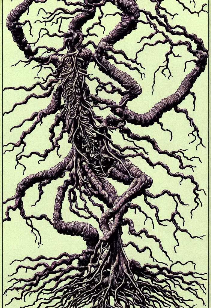 Image similar to prompt: anatomy dissection drawing of magical white skeleton Bonsai tree squid creature roots merging into big moon drawn by Takato Yamamoto, bonsai skeleton anatomy atlas, veins and organs attached to tree roots, alchemical objects inspired by 1980's sci-ci, intricate oil painting detail, manga 1980