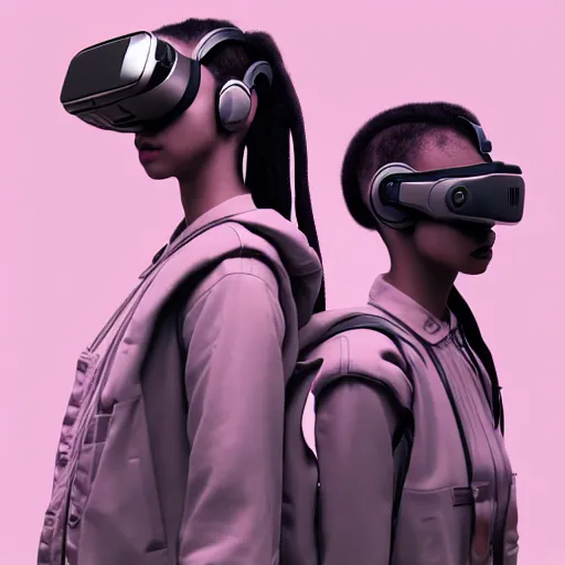 Image similar to intense futuristic bespoke vr headset respirator with long cables like dreadlocks on a set of twin humble hypebeasts, by ilya kuvshinov and james jean and sorayama and ikeuchi and hyein seo and hiroya oku and gilleard james, artstation trending, 8 k, 3 d render, photorealistic, volumetric lighting caustics, pink