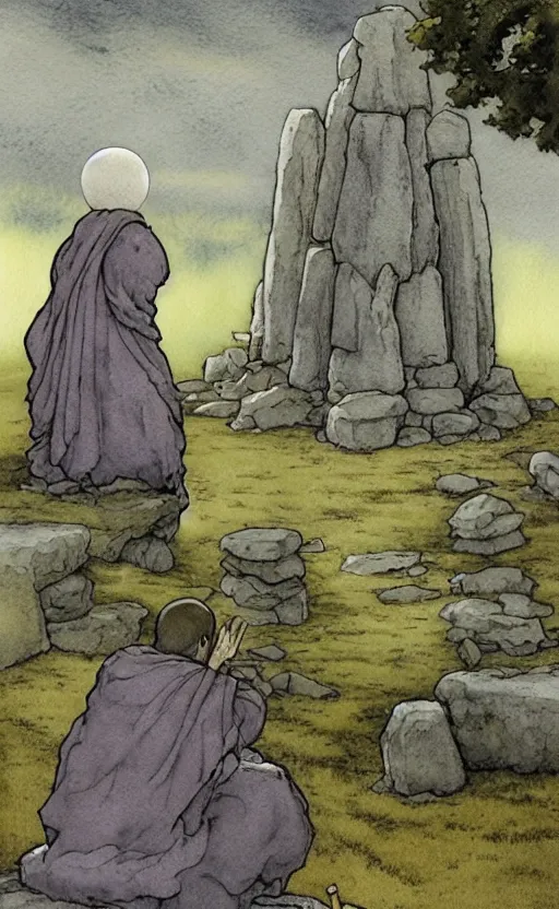 Image similar to a realistic and atmospheric watercolor fantasy concept art of giant monk in grey robes sitting in stonehenge. in the foreground a tiny medieval monk in grey robes is praying. a ufo is in the sky. by rebecca guay, michael kaluta, charles vess