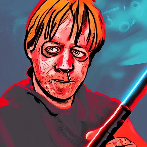 Prompt: Mark Hamil as a zombie holding a red light sabre, digital art