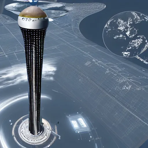 Image similar to the space elevator, cosmos exploration, realistic photo, 4 k, architecture, autocad, visualisation