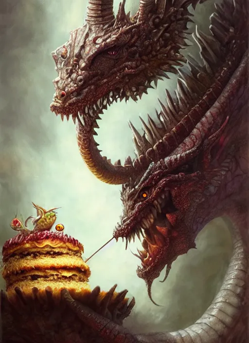 Image similar to highly detailed closeup portrait of a fairytale dragon eating cakes, unreal engine, nicoletta ceccoli, mark ryden, earl norem, lostfish, hyung tae, frank frazetta, global illumination, detailed and intricate environment