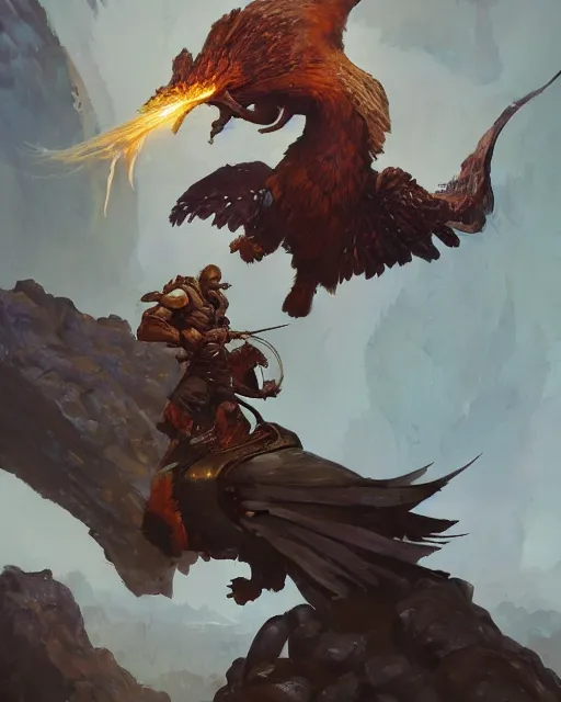 Image similar to fantasy character portrait of gordon ramsay fighting a giant eagle peter mohrbacher, wadim kashin, greg rutkowski, larry elmore, george pemba, ernie barnes, raymond swanland, magali villeneuve, trending on artstation