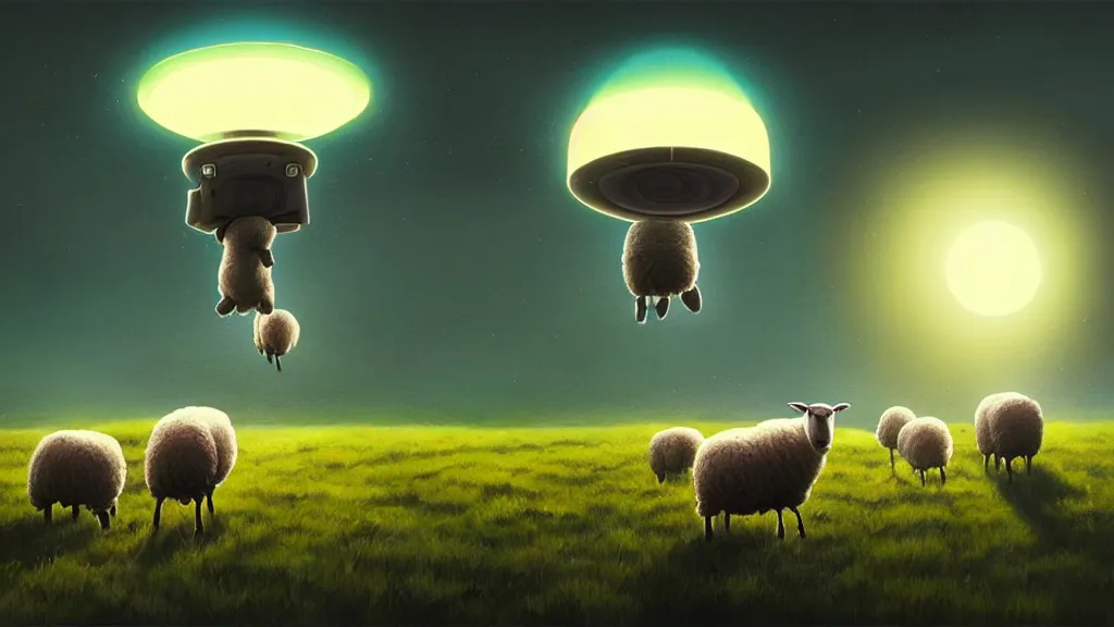 Prompt: sheep in a field being abducted by a ufo!, horror cartoon, highly detailed, digital painting, artstation, concept art, smooth, sharp focus, illustration, art by beeple and tooth wu and wlop