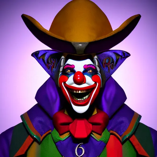 Image similar to a digital art close up portrait of hooded clown jester bard in style of d & d character, handsome warlock character sheet, 4 k, ultra detail, volumetric lighting, unreal engine, octane render, grimdark