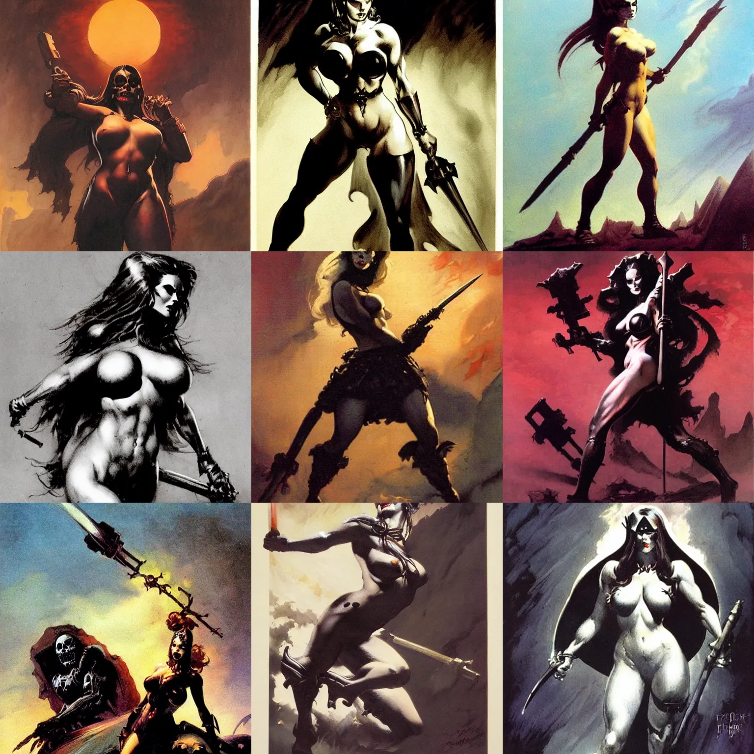 Prompt: lady death by frank frazetta, dramatic lighting, stands amongst the reble of a battlefield