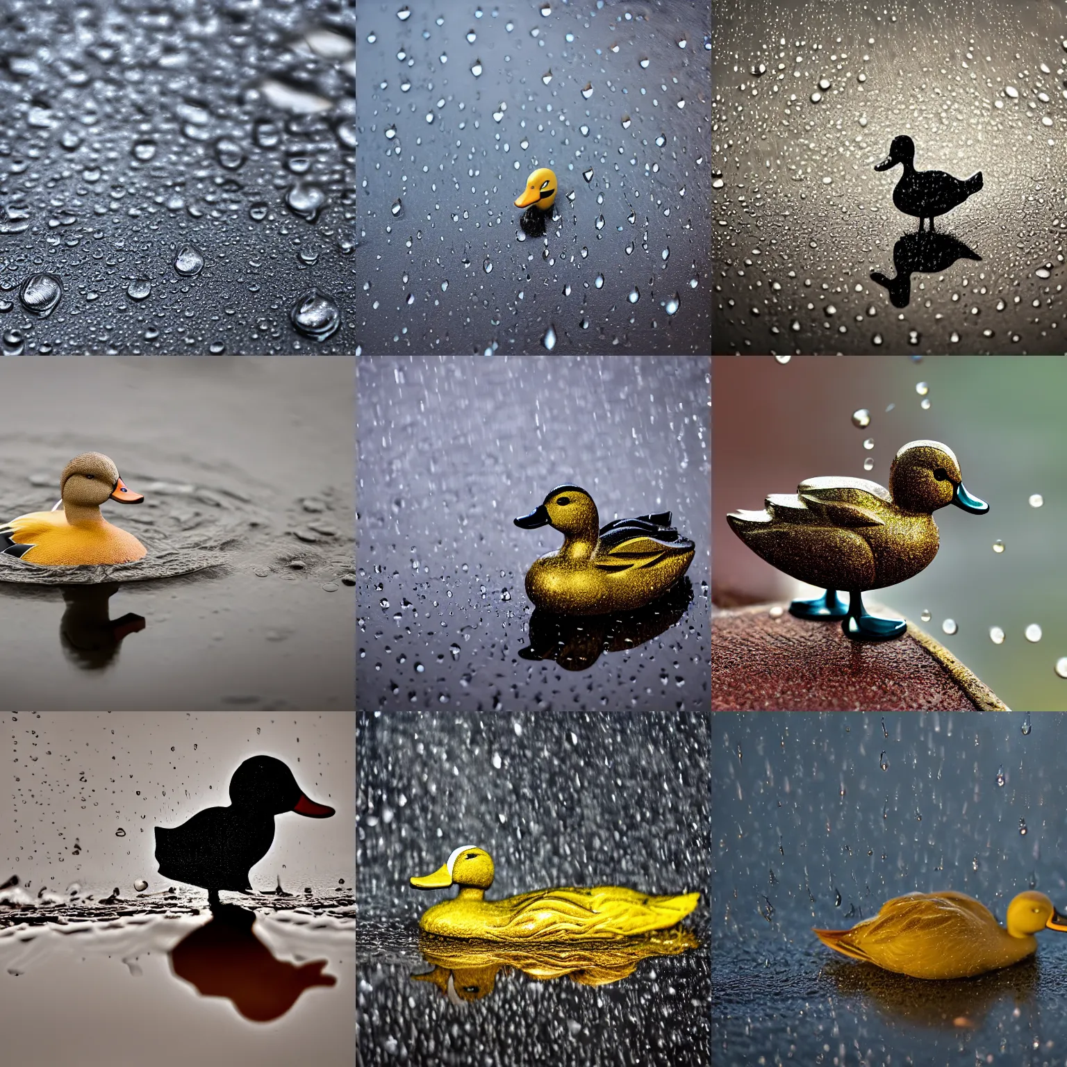 Prompt: rain drops in the shape of a duck, 4k, hdr, lighting, weather, high resolution camera shot