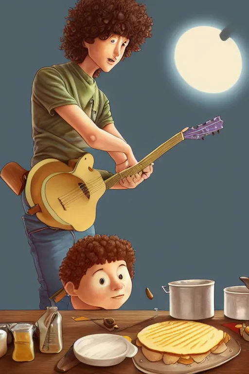 Image similar to young arlo guthrie making pancakes, animation pixar style, by pendleton ward, magali villeneuve, artgerm, rob rey and kentaro miura style, golden ratio, trending on art station