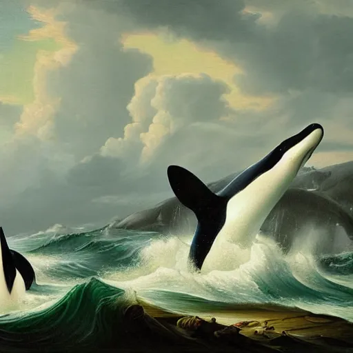 Prompt: orcas at sea, stormy, asher brown durand, highly detailed, artstation