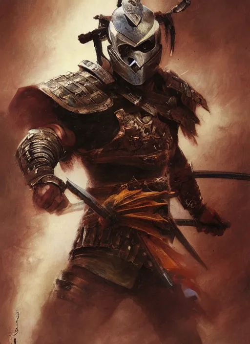 Image similar to A full portrait oil painting of a helmeted and masked Samurai holding a katana above his head an running into battle, japanese god of war armor, by Frank Frazetta, Greg Rutkowski, Boris Vallejo, epic fantasy character art, Exquisite detail, post-processing, low angle, masterpiece, cinematic, lightning