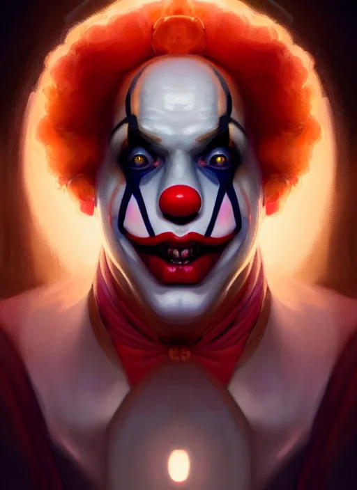 Prompt: symmetry!! portrait of clown from it dark, glowing lights!! intricate, elegant, highly detailed, digital painting, artstation, concept art, smooth, sharp focus, illustration, art by artgerm and greg rutkowski and alphonse mucha