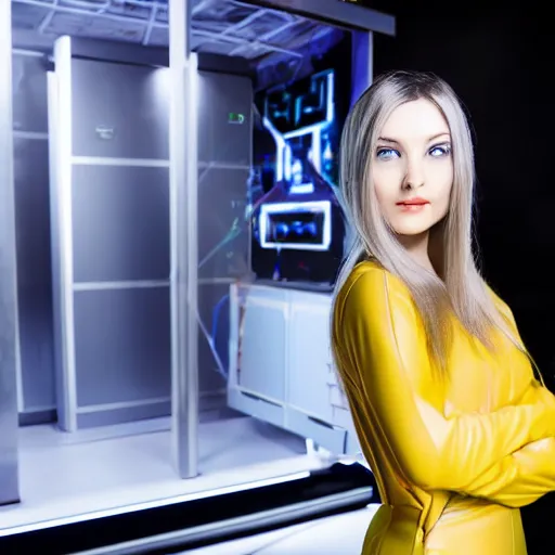 Image similar to beautiful russian woman wearing a chrome jumpsuit standing in front of a futuristic supercomputer, 4 k, studio lighting