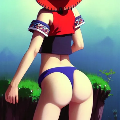 Image similar to beautiful boyish natalie portman gravure model in majora's mask, wearing wooden mask and baseball cap and leotard, street wear with subtle mayan patterns, aztec bathing suit, gapmoe yandere grimdark, trending on pixiv fanbox, painted by greg rutkowski makoto shinkai takashi takeuchi studio ghibli, akihiko yoshida