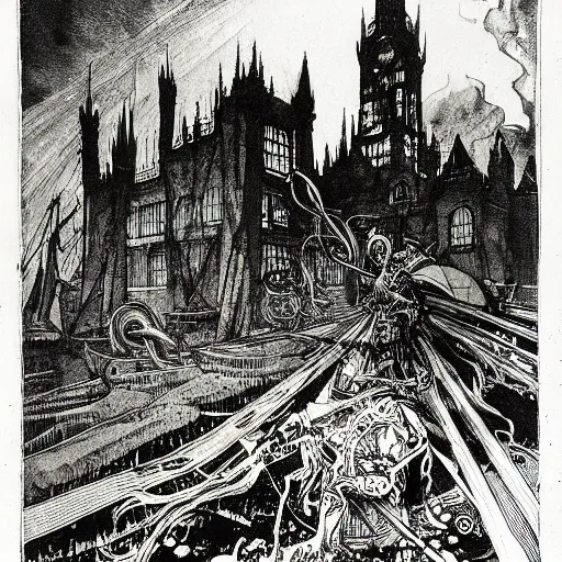 Image similar to the alchemical art of etching by master anders zorn. a lovecraftian horror destroying a city. ink highly detailed lines