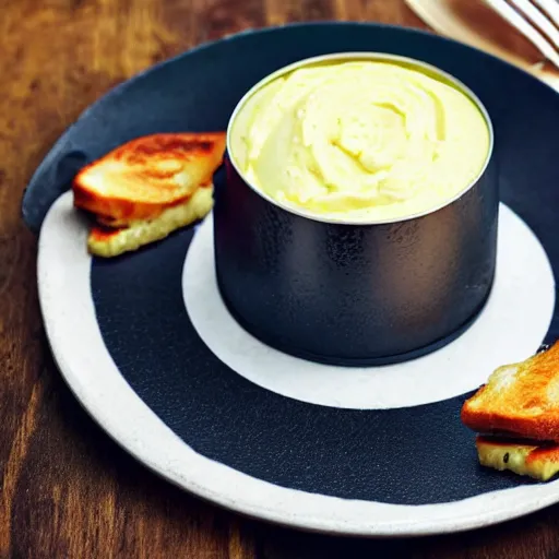 Image similar to Opened can of mayonnaise, served on a plate, gourmet food