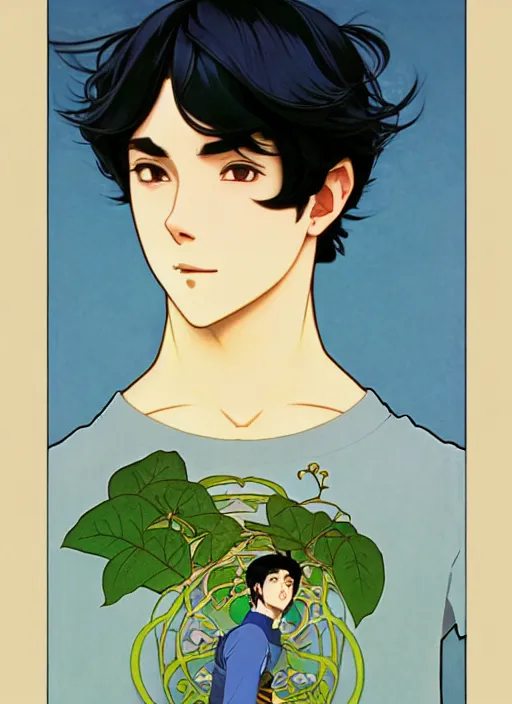 Prompt: handsome young man with short black hair, male, dressed in blue, looking down, half body shot, arms down, path traced, highly detailed, high quality, digital painting, by studio ghibli and alphonse mucha, hidari, art nouveau, chiho aoshima, posuka demizu, atey ghailan