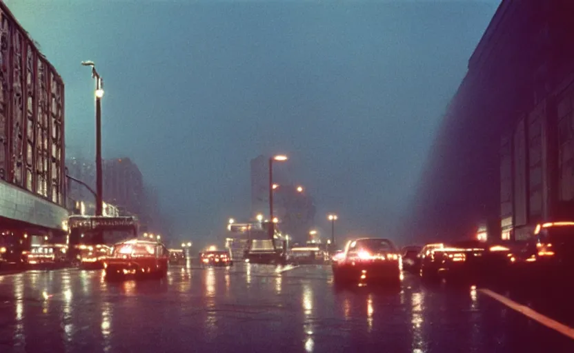 Image similar to 70s movie still of a sovietic street with pedestrians with soviet highrise in the backround , Cinestill 800t 18mm ektachrome color, heavy grainy picture, very detailed, high quality, 4k panoramic, HD criterion, dramatic lightning, neon billboards and streetlight at night, rain, mud, foggy